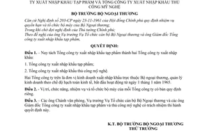 Quyết định 617-TCCB-QĐ-BNT tách Tổng công ty XNK tạp phẩm thành Tổng công ty XNK tạp phẩm và Tổng công ty XNK thủ công mỹ nghệ