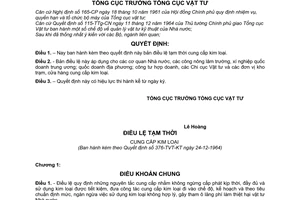 Quyết định 376-TVT-KT  điều lệ tạm thời cung cấp kim loại