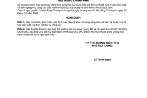 Nghị định 20-CP điều lệ khen thưởng sáng kiến cải tiến kỹ thuật, hợp lý hóa sản xuất, cải tiến nghiệp vụ công tác