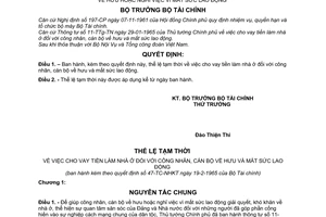Quyết định 47-TC-NHKT thể lệ tạm thời cho vay tiền làm nhà ở công nhân, cán bộ về hưu hoặc nghỉ việc vì mất sức lao động