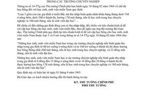 Thông tư 27-TTg/VG bổ sung học bổng học sinh, sinh viên miền Nam trường chuyên nghiệp