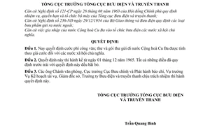 Quyết định 760-QĐ quy định cước phí công văn, gói thư gửi đi nước Cộng hoà Cu-Ba