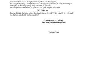 Quyết định 201-NQ/TVQH chủ trương ổn định nghĩa vụ Thuế Nông nghiệp năm 1966 và 1967