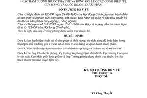 Quyết định 607-BYT/QĐ tiêu chuẩn sai số cho phép về khối lượng, thể tích, nồng độ hoặc hàm lượng thuốc pha chế và đóng gói lẻ