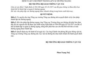 Quyết định 1361-QĐ ủy quyền ông Tổng cục trưởng Tổng cục đường sắt ra quyết định ,ký cho phép thành lập các đường ngang