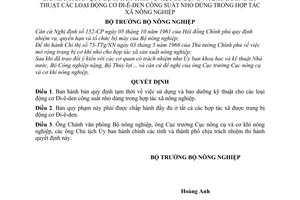 Quyết định 402-NN/QĐ quy định sử dụng bảo dưỡng kỹ thuật các loại động cơ Đi-ê-den công suất nhỏ dùng trong HTX-nông-nghiệp