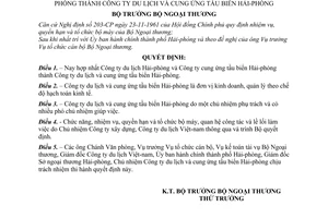 Quyết định 15-BNgT/TCCB hợp nhất Công ty du lịch Hải phòng và Công ty cung ứng tầu biển Hải phòng thành Công ty du lịch và cung ứng tầu biển HP