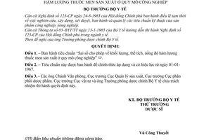 Quyết định 17-BYT/QĐ  tiêu chuẩn sai số cho phép về khối lượng, thể tích, nồng độ hàm lượng thuốc men sản xuất quy mô công nghiệp