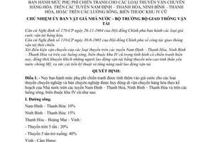 Quyết định liên bộ 1206-LB mức phụ phí chiến tranh loại thuyền vận chuyển hàng hóa trên tuyến Nam Định,Thanh Hóa, Ninh bình,Thanh Hóa