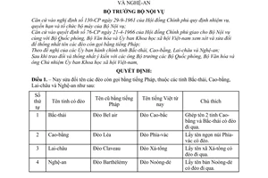 Quyết định 373-NV đổi tên gọi 4 đèo thuộc tỉnh Bắc thái, Cao bằng, Lai châu và Nghệ an