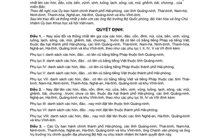 Quyết định 372-NV  sửa đổi thống nhất tên gọi các hòn, đảo, cồn, đỉnh, núi, cửa, bến, vịnh, vũng, luồng, lạch, sông, cái, mũi, ghềnh,bãi, chương