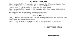 Quyết định343-NV cho phép Hội sinh lý học Việt nam thành lập hoạt động