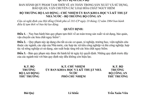 Quyết định liên bộ 151-QĐ/LB  quy phạm tạm thời an toàn trong sản xuất  sử dụng, bảo quản, vận chuyển các loại hóa chất nguy hiểm