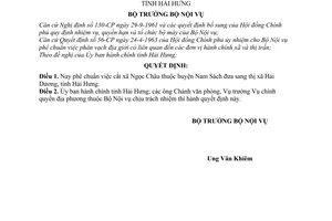 Quyết định 389-NV  phê chuẩn việc điều chỉnh địa giới hành chính thị xã Hải dương, tỉnh Hải Hưng