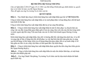 Quyết định 726-BNgT/TCCB thành lập công ty kiểm kiện hàng hóa xuất nhập khẩu (gọi tắt là VIETALLCO)