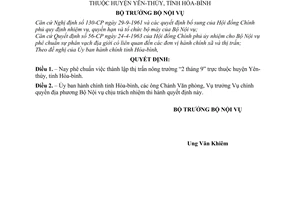 Quyết định 427-NV phê chuẩn việc thành lập thị trấn nông trường “2 tháng 9" thuộc huyện Yên-thùy, tỉnh Hòa-bình