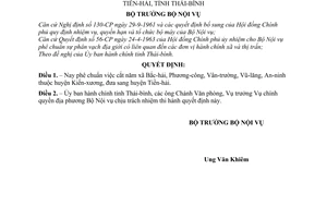 Quyết định 428-NV phê chuẩn việc cắt 5 xã huyện Kiến xương đưa sang huyện Tiền hải, tỉnh Thái bình