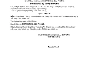 Quyết định 1161-BNgT/TCCB đổi tên Công ty xuất nhập khẩu Hải Phòng thành Công ty xuất nhập khẩu hải súc sản