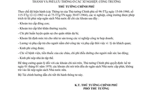 Thông tư 141-TTg quản lý tài chính khoản chi nằm ngoài giá thành phí lưu thông xí nghiệp, công trường