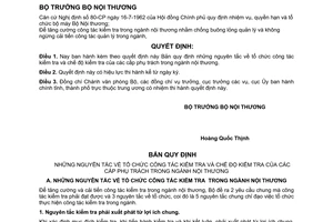 Quyết định 614-NT  nguyên tắc  tổ chức công tác kiểm tra và chế độ kiểm tra của cấp phụ trách trong ngành nội thương