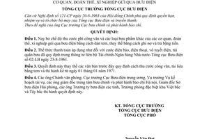 Quyết định 15-QĐ chế độ thu cước phí công văn và các loại bưu phẩm khác của các cơ quan, đoàn thể, xí nghiệp gửi qua bưu điện