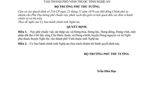 Quyết định  80-BT sát nhập một số xã huyện Hưng yên và huyện Nghi lộc vào thành phố Vinh tỉnh Nghệ An