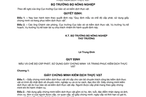 Quyết định12-NN/BVTV/QĐ  quy định mẫu và chế độ cấp phát, sử dụng giấy chứng minh và trang phục kiểm dịch thực vật