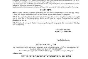 Quyết định 48-TCTK/PPCĐ  hệ thống biểu mẫu báo cáo thống kê định kỳ, chính thức qúy, 6 tháng, 9 tháng, năm về công nghiệp áp dụng cho Bộ, ngành