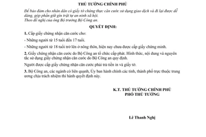 Quyết định 215-TTg cấp giấy chứng nhận căn cước