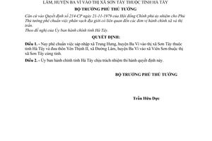 Quyết định 50-BT  sáp nhập xã Trung Hưng và thôn Yên Thịnh II xã Đường Lâm, huyện Ba Vì vào thị xã Sơn Tây tỉnh Hà Tây