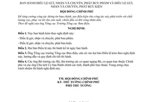 Nghị định 91-CP Điều lệ gửi, nhận và chuyển, phát bưu phẩm và Điều lệ gửi, nhận và chuyển, phát bưu kiện