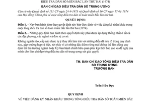 Quyết định 19-TĐTDS/QĐ đăng ký nhân khẩu trong cuộc tổng điều tra dân số miền Bắc lần thứ hai (1974)