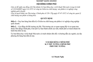 Quyết định 26-CP Điều lệ về kiểm tra chất lượng sản phẩm ở xí nghiệp công nghiệp quốc doanh