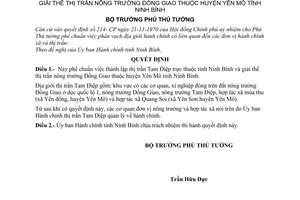 Quyết định 15-BT thành lập thị trấn Tam điệp trực thuộc tỉnh Ninh Bình giải thể thị trấn nông trường Đồng Giao huyện Yên Mô, Ninh Bình