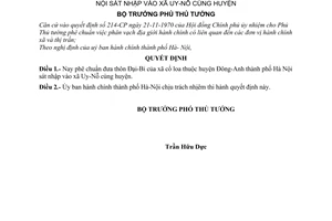 Quyết định 23-BT đưa thôn đài bi xã cổ loa, huyện Đông-Anh, thành phố Hà Nội sát nhập vào xã Uy-Nỗ cùng huyện