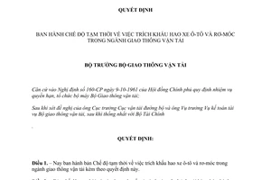 Quyết định1386-QĐ chế độ tạm thời việc trích khấu hao xe ô-tô và rơ-móc trong ngành giao thông vận tải