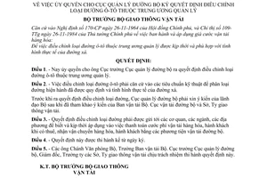 Quyết định 1971-QĐ  ủy quyền Cục quản lý đường bộ ký quyết định điều chỉnh loại đường ô tô thuộc trung ương quản lý