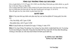 Quyết định 927-QĐ cước phụ máy bay các loại bưu phẩm đi Vương quốc Lào