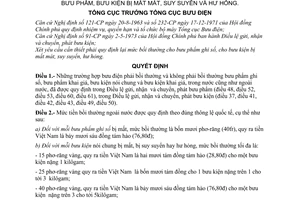 Quyết định 31-QĐ  quy định mức tiền Bưu điện phải bồi thường  bưu phẩm, bưu kiện bị mất mát, suy suyển và hư hỏng