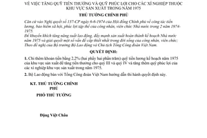 Quyết định 341-TTg  tăng quỹ tiền thưởng quỹ phúc lợi cho các xí nghiệp thuộc khu vực sản xuất năm 1975