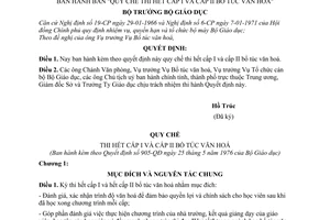 Quyết định 905-QĐ Quy chế thi hết cấp I, II bổ túc văn hoá