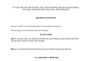 Quyết Định 97-CP chuyển thị xã Phúc Yên, tỉnh Vĩnh phú thành thị trấn Phúc yên huyện Yên lãng, tỉnh Vĩnh phú