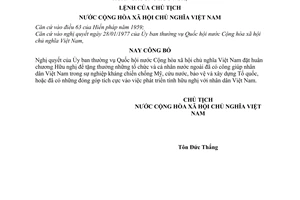 Lệnh công bố nghị quyết của Ủy ban thường vụ Quốc hội quy định việc đặt huân chương hữu nghị 5-LCT