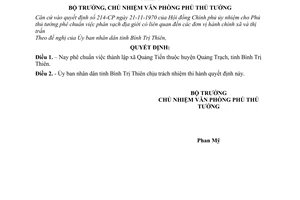 Quyết định 613-VP18 thành lập xã Quảng Tiến huyện Quảng Trạch, tỉnh Bình Trị Thiên