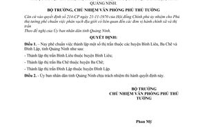 Quyết định 614-VP18 thành lập thị trấn Bình Liêu huyện Bình Liêu; thị trấn Ba Chẽ huyện Ba Chẽ; thị trấn Đình Lập huyện Đình Lập, tỉnh Quảng Ninh