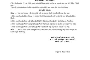 Quyết định 58-CP hợp nhất  huyện thuộc tỉnh Hải Hưng