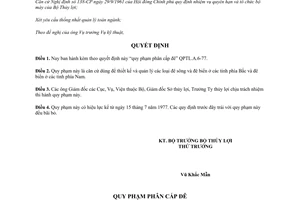 Quyết định 344QĐ/KT năm 1977 về quy phạm phân cấp đê QPTL.A.6-77 do Bộ trưởng Bộ