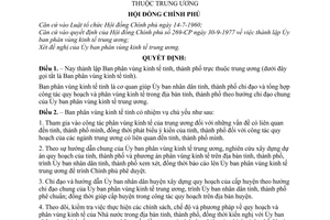 Quyết định 270-CP thành lập Ban phân vùng kinh tế tỉnh thành phố trực thuộc trung ương