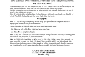 Nghị định 342-CP bổ sung chỉ tiêu giá thành vào hệ thống chỉ tiêu pháp lệnh giao kế hoạch hàng năm cho các xí nghiệp công nghiệp quốc doanh