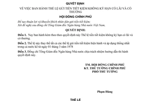 Quyết định 36-CP thể lệ gửi tiền tiết kiệm không kỳ hạn có lãi, có thưởng